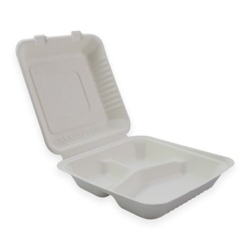 Sustain Sustain Sugarcane Clamshell 3 Compartment White 9 x9 inch - CT/200 Disposable Food Packaging  