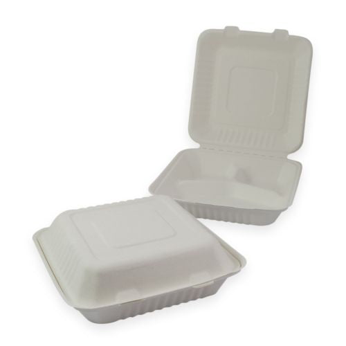Sustain Sustain Sugarcane Clamshell 3 Compartment White 9 x9 inch - CT/200 Disposable Food Packaging  