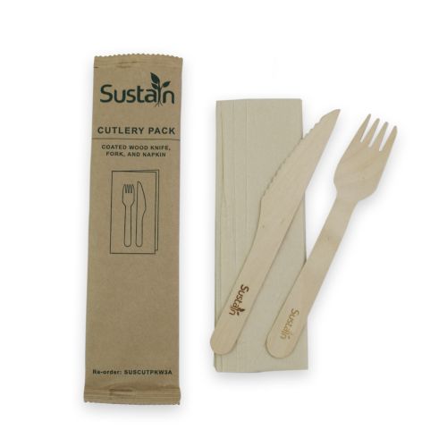 Sustain Sustain Wooden Cutlery Pack with Fork, Knife, Napkin - CT/400 Bags & Takeaway  