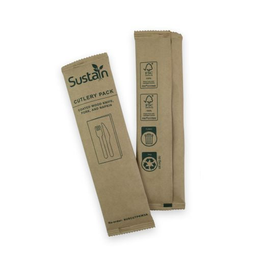 Sustain Sustain Wooden Cutlery Pack with Fork, Knife, Napkin - CT/400 Bags & Takeaway  