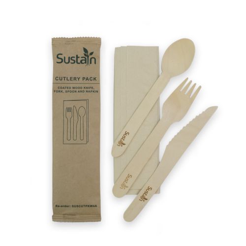 Sustain Sustain Wooden Cutlery Pack with Fork, Knife, Spoon, Napkin - CT/400 Bags & Takeaway Carton of 400 