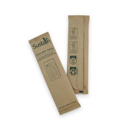 Sustain Sustain Wooden Cutlery Pack with Fork, Knife, Spoon, Napkin - CT/400 Bags & Takeaway  