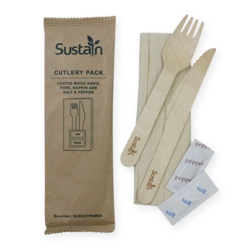 Sustain Sustain Wooden Cutlery Pack with Fork, Knife, Napkin, Salt, Pepper - CT/400 Bags & Takeaway  