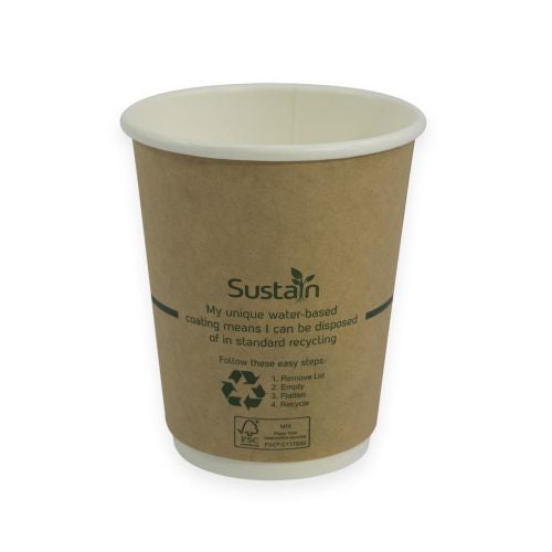 Sustain 8oz Double Wall Hot Cup Sustain Aqueous Kraft Paper - CT/500 Bags & Takeaway  
