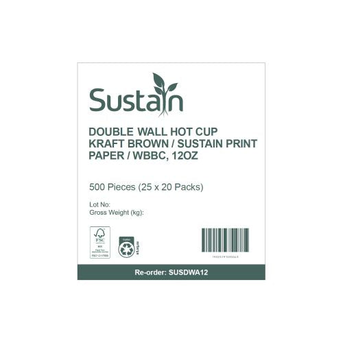 Sustain 12oz Double Wall Hot Cup Sustain Aqueous Kraft Paper - CT/500 Bags & Takeaway  