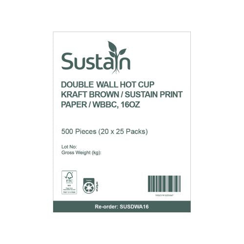Sustain Sustain Hot Cup Kraft Aqueous Double Wall 16oz - CT/500 Bags & Takeaway  