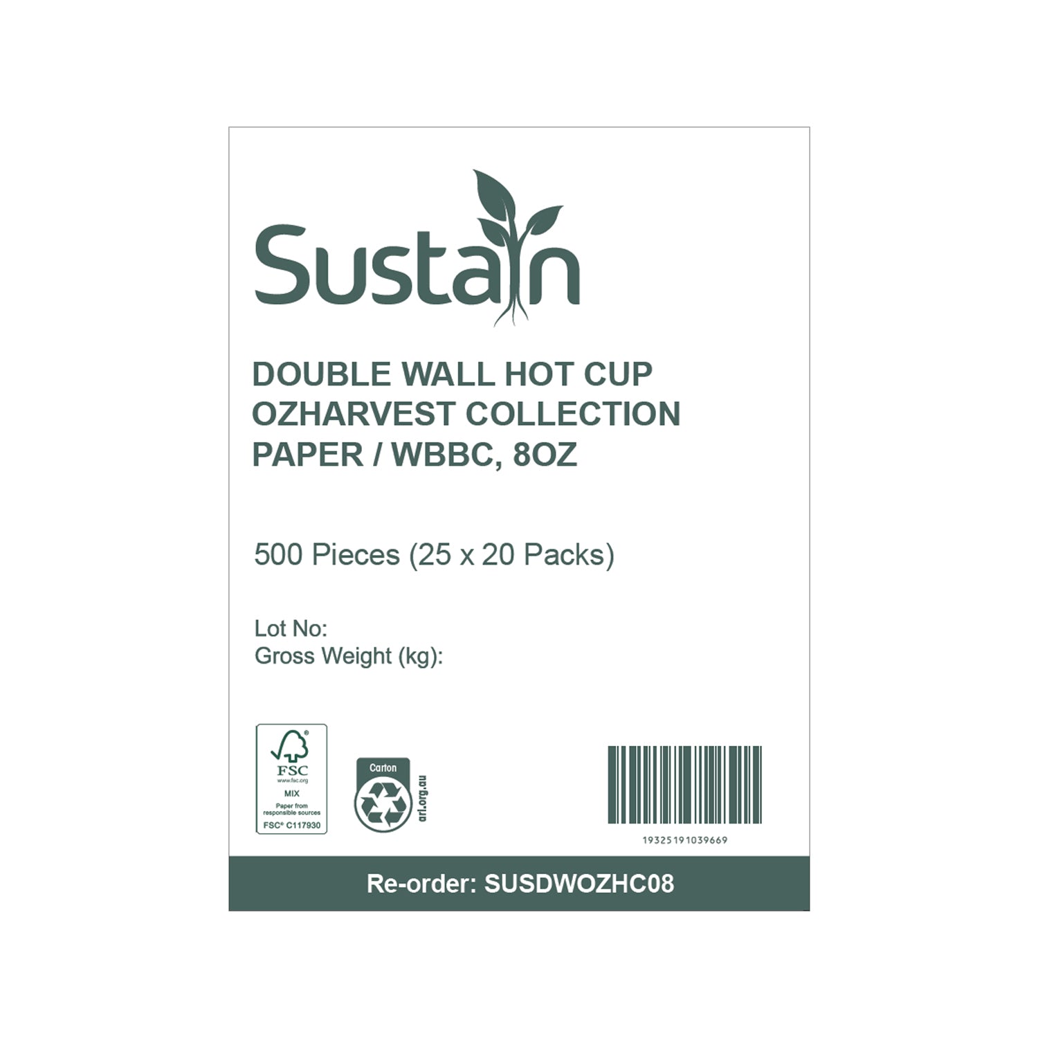 Sustain Aqueous Hot Cup Double Wall 8oz - CT/500 Disposable Cups  