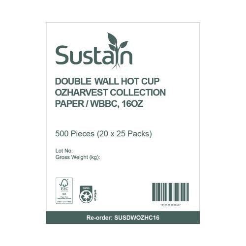 Sustain Aqueous Hot Cup Double Wall 16oz - CT/500 Disposable Cups  