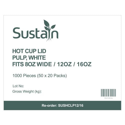 Sustain Sustain Hot Cup Lid White Pulp 12oz/16oz/8oz Wide - CT/1000 Bags & Takeaway  