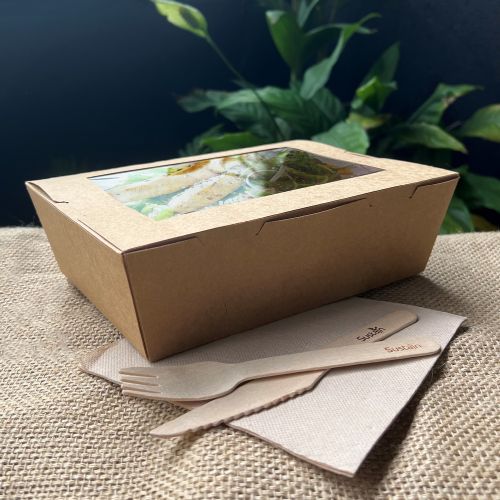 Sustain Sustain Paper Lunch Box PLA Window Kraft Brown Large - CT/200 Disposable Food Packaging  