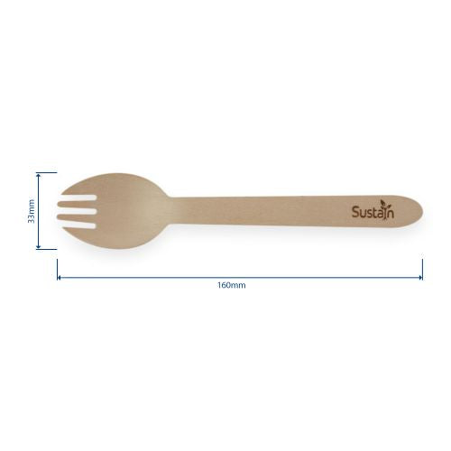 Sustain Sustain Wooden Spork Coated 160mm - PK/100 Disposable Food Packaging  