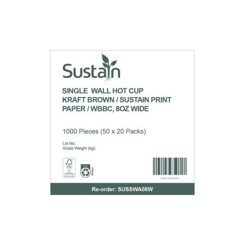 Sustain Sustain Hot Cup Single Wall Aqueous Kraft 8oz Wide - CT/1000 Bags & Takeaway  