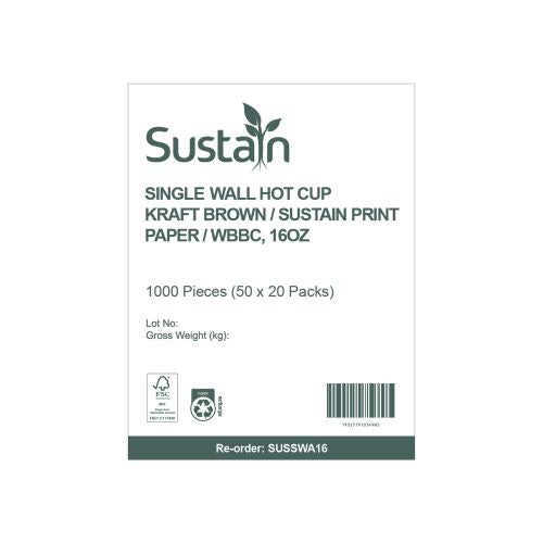 Sustain Sustain Hot Cup Single Wall Aqueous Kraft 16oz - CT/1000 Bags & Takeaway  