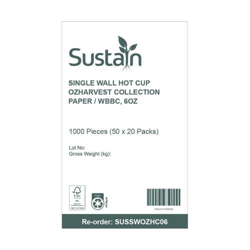 Sustain Aqueous Hot Cup Single Wall 6oz - CT/1000 Disposable Cups  