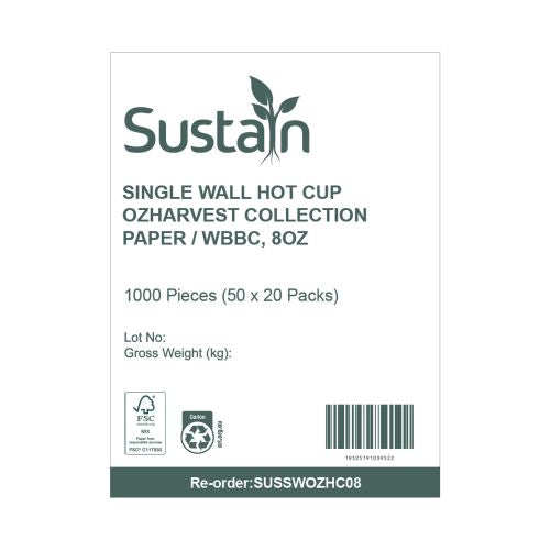 Sustain Aqueous Hot Cup Single Wall 8oz - CT/1000 Disposable Cups  