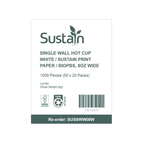Sustain Sustain Hot Cup Single Wall Paper/BioPBS White 8oz Wide - CT/1000 Disposable Food Packaging  