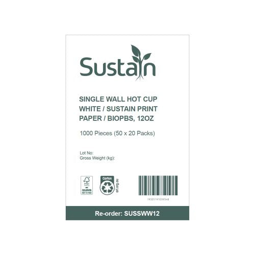Sustain Sustain Hot Cup Single Wall Paper/BioPBS White 12oz - CT/1000 Disposable Food Packaging  