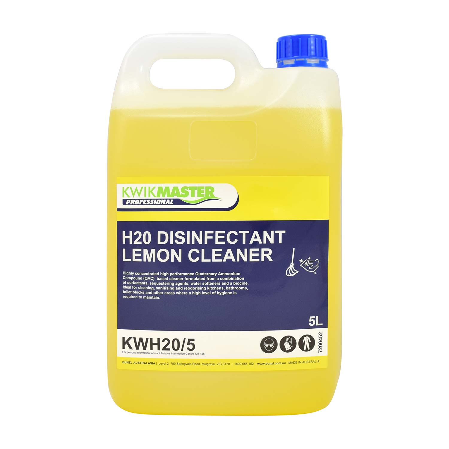 Kwikmaster Professional Kwikmaster H20 Disinfectant Lemon Cleaner 5L - Each Cleaning & Washroom Supplies  