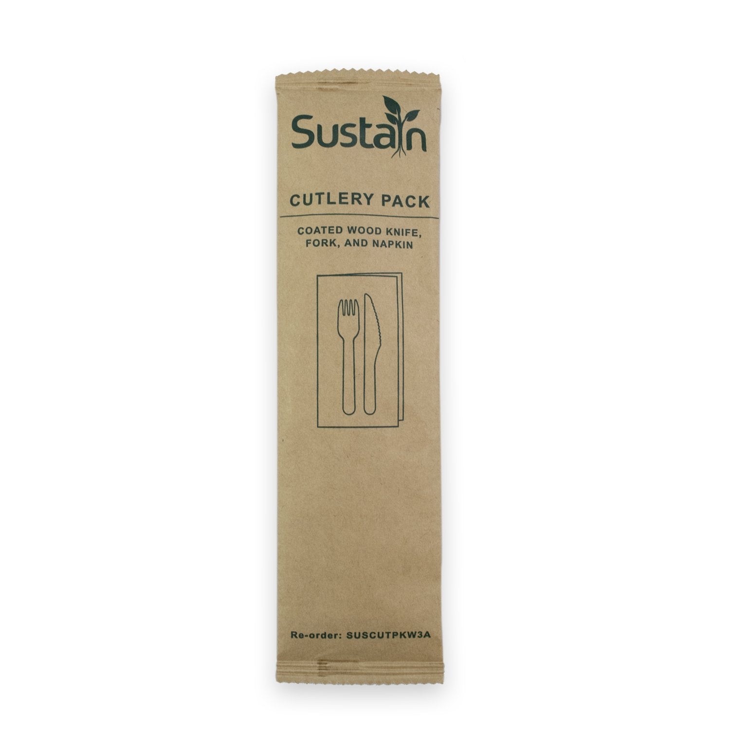 Sustain Sustain Wooden Cutlery Pack with Fork, Knife, Napkin - CT/400 Bags & Takeaway Carton of 400 