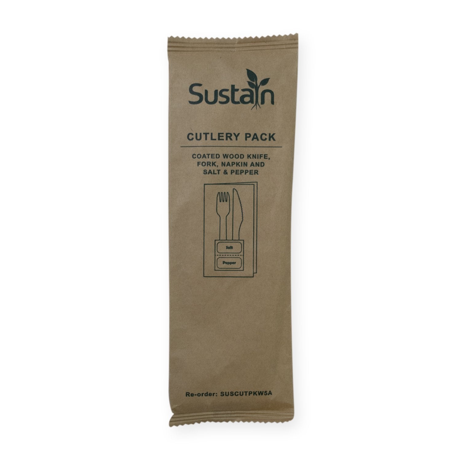 Sustain Sustain Wooden Cutlery Pack with Fork, Knife, Napkin, Salt, Pepper - CT/400 Bags & Takeaway Carton of 400 