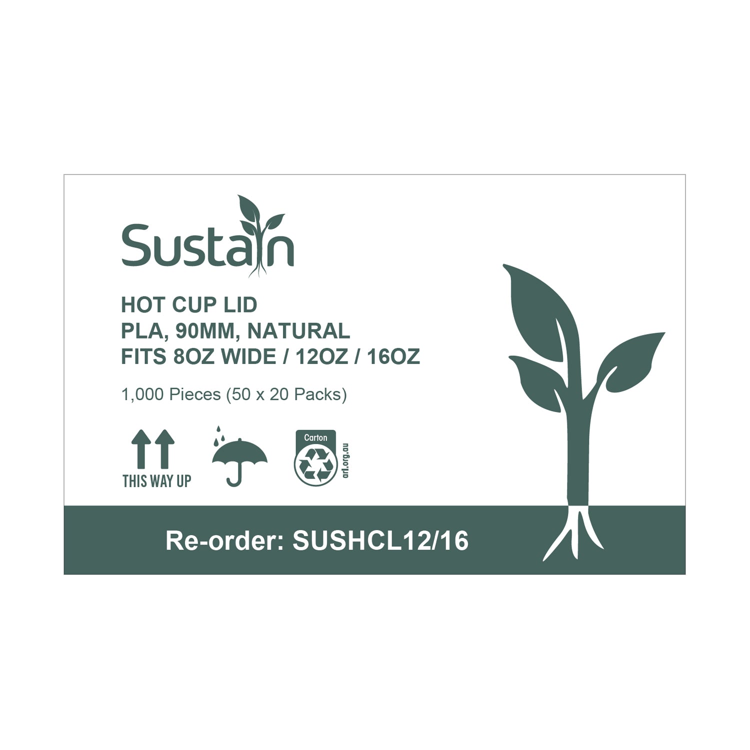 Sustain Sustain Lid Hot Cup PLA White 12oz/16oz/8oz Wide - CT/1000 Disposable Packaging  